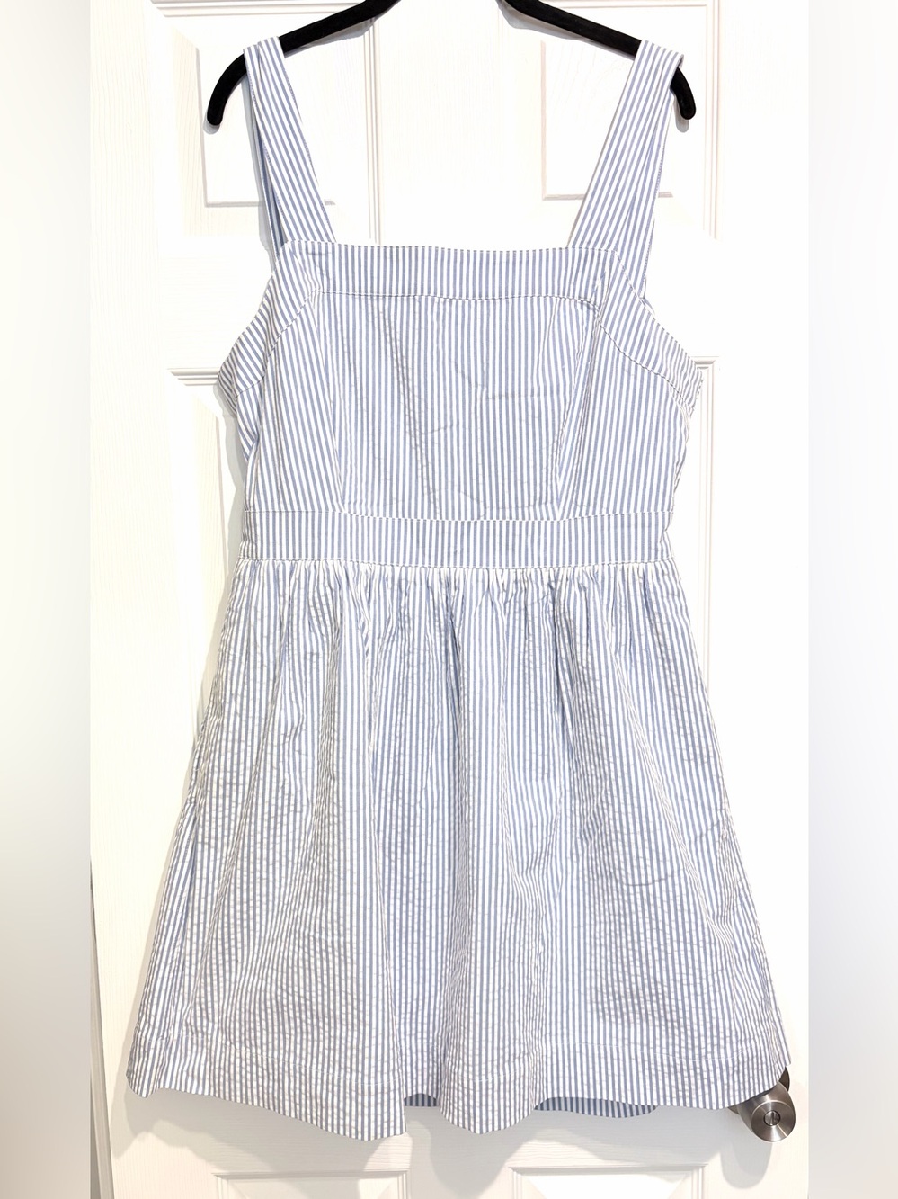 J. Crew Seersucker Apron Dress White Blue Size L Large